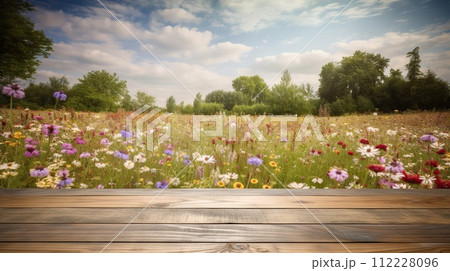 Wood table mockup with flowering spring meadow on background. Empty copy space for product presentation. Generative AI 112228096