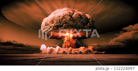 Nuclear explosion in the desert. Nuke bomb mushroom radioactive cloud. Generative AI 112228097