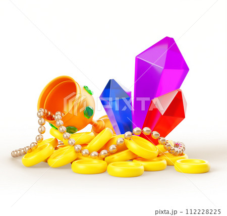 Treasure pile of gold coins, crystal gems, pearl necklace, golden goblet with precious rocks 3d render. Ancient fantasy magic game ui asset, pirate loot isolated on white background. 3D illustration 112228225