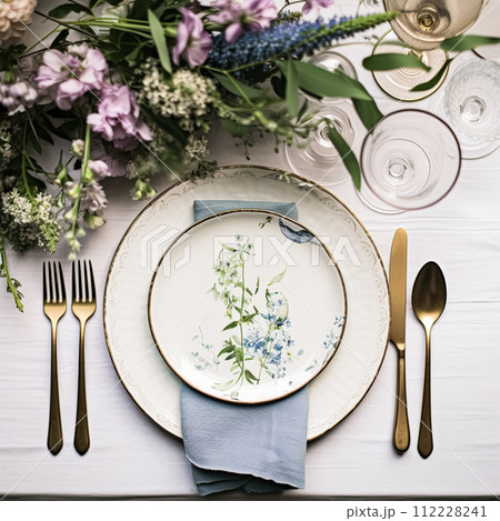 Floral wedding table decor, holiday tablescape and dinner table setting, formal event decoration for wedding reception, family celebration, English country and home styling 112228241