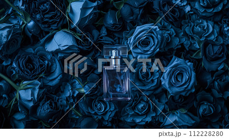 Perfume bottle in flowers, fragrance on blooming background, floral scent and cosmetic product 112228280
