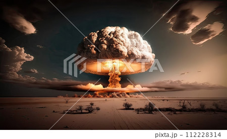 Nuclear explosion in the desert. Nuke bomb mushroom radioactive cloud. Generative AI 112228314