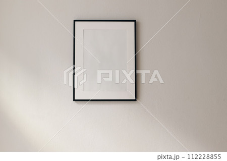 Artistic mockup template. Black vertical picture frames on beige wall background in sunlight. Poster display at home, minimal Scandinavian design, no people. Elegant apartment concept. Template 112228855
