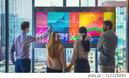 Business people meeting and analyzing statistic financial with graph board presentation. 112228880