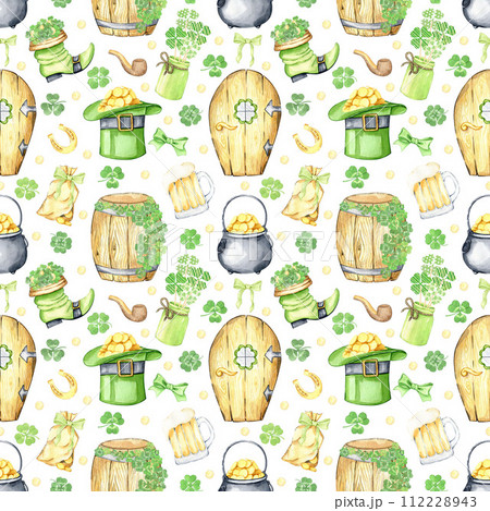 Watercolor hand painted st Patrick's day seamless pattern with green hat, pot of gold, wooden barrel, bear mug, tobacco pipe,bag of coins, leprechaun boot, horseshoe, shamrock. Irish holiday pattern Watercolor hand painted st Patrick's day seamless pattern with green hat, pot of gold, wooden barrel, bear mug, tobacco pipe,bag of coins, leprechaun boot, horseshoe, shamrock. Irish holiday pattern 112228943