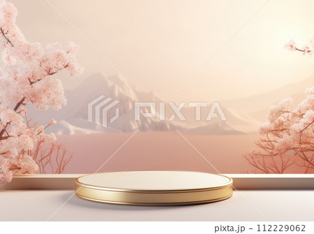Realistic 3D render blank empty pastel pink podium with cherry blossom flower bouquet and blowing white curtain. Beauty products display, Backdrop 112229062