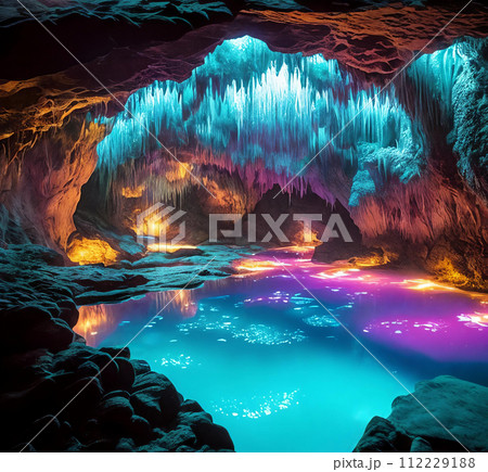 Glowing Caverns. An underground wonderland, a cavern adorned with luminescent crystals. 112229188