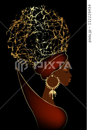 Black queen, portrait of African woman in Afro Curly hair, luxury golden earrings and turban. Vector illustration isolated on black background. 112229434