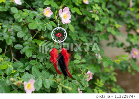 Handmade dream catcher with feathers threads and beads rope hanging 112229747