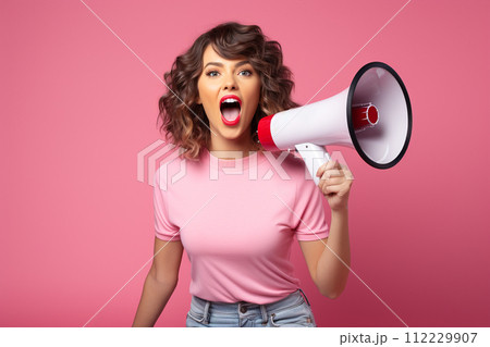 AI-generated content. Young atractive woman with a megaphone on pink background. Announcement, protest, complaint, express.  112229907