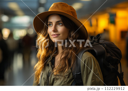 AI-generated content. Travel, happy young woman with backpack and hat, at airport or train station.  112229912