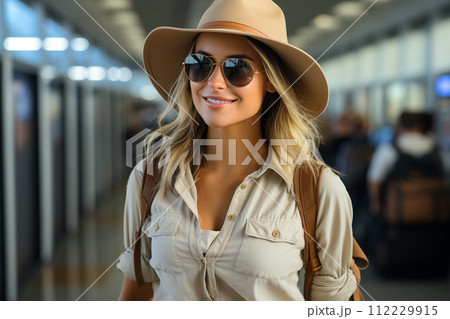 AI-generated content. Travel, happy young woman with backpack and sun hat, at airport or train station.  112229915