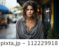 AI-generated content. Portrait of sad mature woman looking at camera. Outdoor portrait 112229918