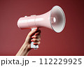 AI-generated content. Pink megaphone isolated in female's hand.  112229925
