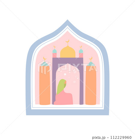 Hand drawn Muslim girl wears hijab praying salat on the Islamic window shape. Vector Ramadan Kareem element Hand drawn Muslim girl wears hijab praying salat on the Islamic window shape. Vector Ramadan Kareem element 112229960