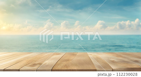 Empty Wooden Table with Sunny Sea 112230028