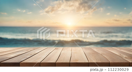 Empty Wooden Table with Sunny Sea 112230029