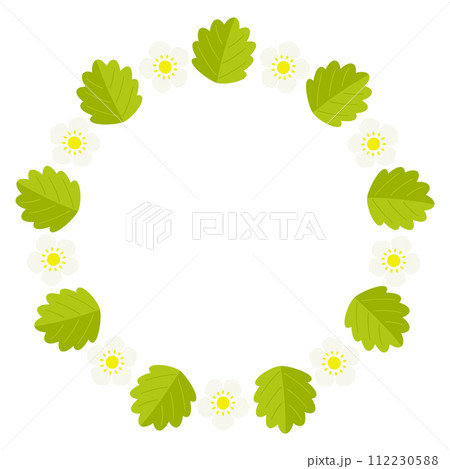 いちごの円形フレーム　いちごの花と葉っぱ 112230588