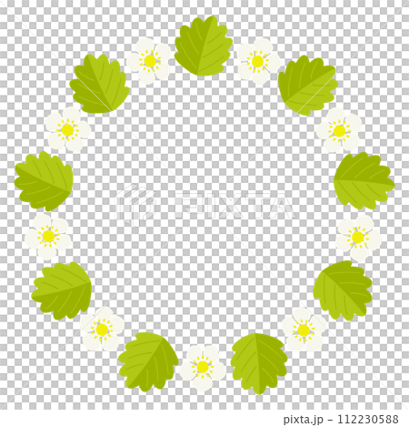 いちごの円形フレーム　いちごの花と葉っぱ 112230588