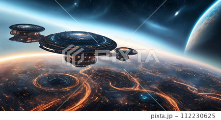 Interstellar Gateway. Fantastical space station floating amidst a cluster of swirling wormholes 112230625