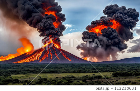 The dramatic eruption of a volcano, emphasizing the fiery lava The dramatic eruption of a volcano, emphasizing the fiery lava 112230631