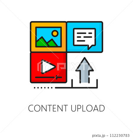 Content upload, CMS, content management system icon. Isolated vector thin line speech bubble, arrow up, play button and image media file signs. Linear symbol of easy organization of website content 112230783
