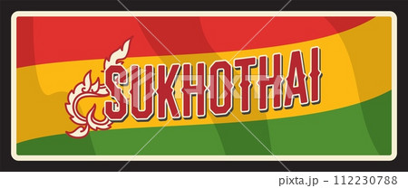 Sukhothai Thailand province vintage travel plate, Thai district flag sign. Thai travel tin plate and vintage sticker with horse. Lower northern Thailand banner coat of arms 112230788