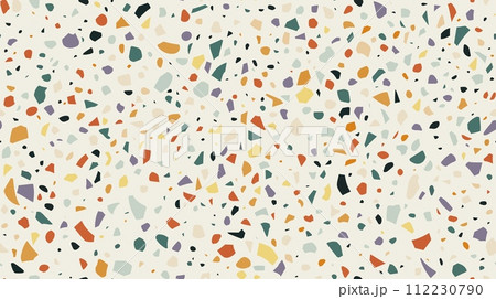 Yellow, green, red and purple terrazzo marble tile background or texture. Terazzo cement kitchen countertop backdrop, terazo stone mosaic or terrazo marble floor vector background or colorful texture 112230790