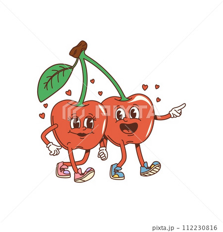 Groovy retro cherry comical cartoon character. Vintage happy sweet berry sticker, 60s funny red cherry personage or groovy isolated vector character. Retro cheerful food mascot walking in sneakers 112230816