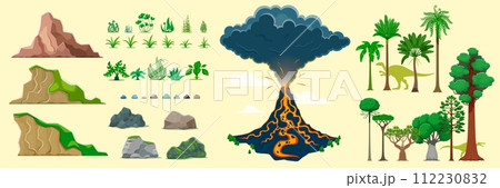 Jungle and dinosaur era environment game assets. Volcano, plants and trees, rock, stones and palms vector elements of jurassic prehistoric nature landscape. Dinosaur game UI, user interface assets Jungle and dinosaur era environment game assets. Volcano, plants and trees, rock, stones and palms vector elements of jurassic prehistoric nature landscape. Dinosaur game UI, user interface assets 112230832