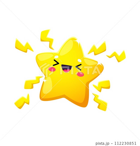 Cartoon excited kawaii star character or twinkle vector personage with lightnings and happy smiling face. Shining yellow superstar emoji, starry space emoticon, twinkle star with high voltage signs 112230851