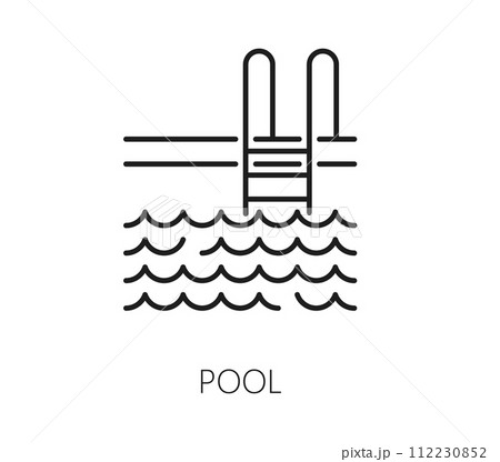 Real estate line art icon with pool. Real estate property, rent market outline symbol, dwelling sale company or house loan service thin line vector sign or pictogram with house pool ladder 112230852