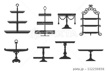 Tea and wedding cake platter, stand and tray silhouettes. Elegant black vector tables or plates for fruits and desserts served during festive events and ceremonies, symbolizing joy and refinement 112230856