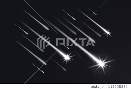 Realistic sky shooting stars with trails, falling comets and meteors. 3d vector celestial bodies streak across the night sky, leaving dazzling traces of light due to friction with Earth atmosphere 112230883