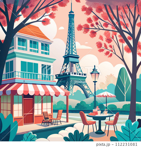 A man and a woman are sitting at a table in front of the Eiffel Tower. The scene is set in a city with a cafe and a park nearby. The atmosphere is relaxed and romantic A man and a woman are sitting at a table in front of the Eiffel Tower. The scene is set in a city with a cafe and a park nearby. The atmosphere is relaxed and romantic 112231081
