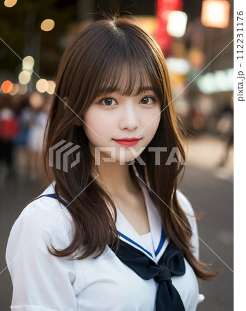 JK　顔　街 夜の街でキメ顔する女子高生「AI生成画像」のイラスト素材 [112231176] - PIXTA
