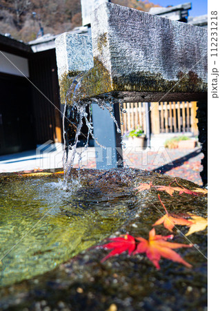 Autumn season fallen leafs colors on the edge of a water fountain. 112231218