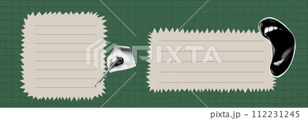 Set of vector torn papers with collage elements. Black and white and green in trendy popart style. Ripped banners vintage art on grid background Set of vector torn papers with collage elements. Black and white and green in trendy popart style. Ripped banners vintage art on grid background 112231245