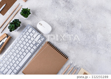 Top view work desk office workspace Top view work desk office workspace 112231289