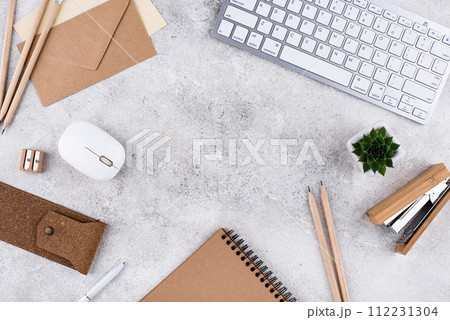 Top view work desk office workspace 112231304