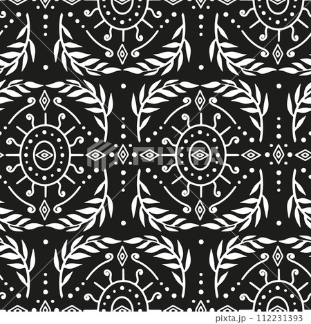 Seamless white Damask pattern on a black background. Seamless white Damask pattern on a black background. 112231393