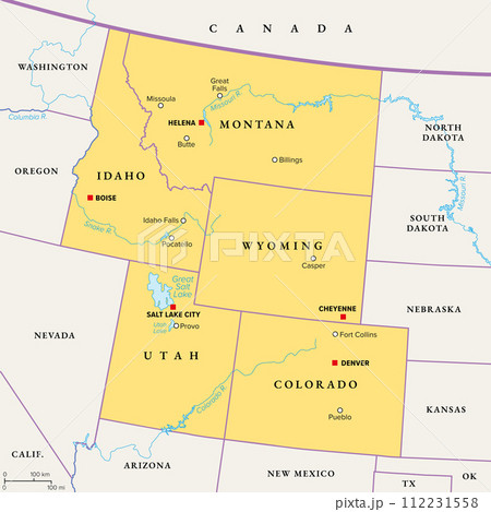 Rocky Mountain region of the United States, political map. The Rocky Mountains, Rockies for short, divide the western United States from the Great Plains. Colorado, Idaho, Montana, Wyoming, and Utah. 112231558