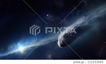 An awe-inspiring commercial photograph portraying the majesty of a comet streaking through the cosmos. Generative AI 112231693
