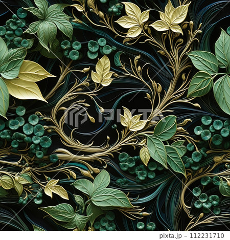 Tactile canvas in 3D style with ivy in shades of green and black. Seamless floral background. Generative AI 112231710