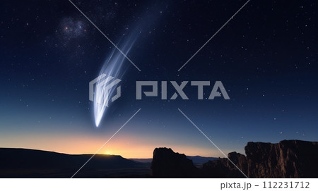 An awe-inspiring commercial photograph portraying the majesty of a comet streaking through the cosmos. Generative AI 112231712