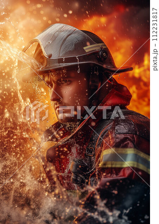 Caucasian male firefighter performing duties in a burning building. 112231817