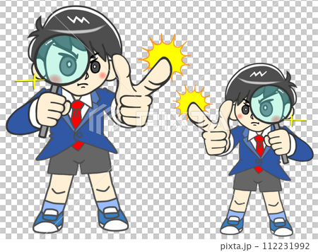 一個聰明的男孩拿著放大鏡解決問題並指點。 一個聰明的男孩拿著放大鏡解決問題並指點。 112231992