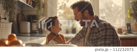 Caucasian father and son washing dishes in the kitchen. Caucasian father and son washing dishes in the kitchen. 112232073
