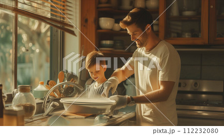 Caucasian father and son washing dishes in the kitchen. Caucasian father and son washing dishes in the kitchen. 112232080