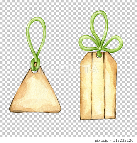 Watercolor hand painted tags with ribbons isolated on white background. Light green ribbon and brown label. Watercolor clipart set for holidays gift tags. Watercolor hand painted tags with ribbons isolated on white background. Light green ribbon and brown label. Watercolor clipart set for holidays gift tags. 112232126